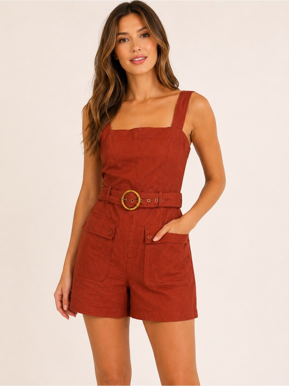 Belle Vere Rust Linen Blend Belted Utility Romper Size 10